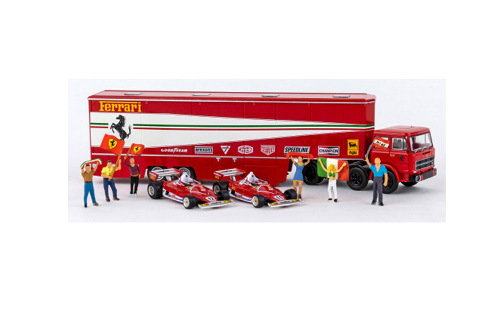 BREKINA 58575 - Fiat 691 T Renntransport-SZ Set, Ferrari, con 2 Ferrari 312 T2 F1 e 6 figurine (1977) - 1:87