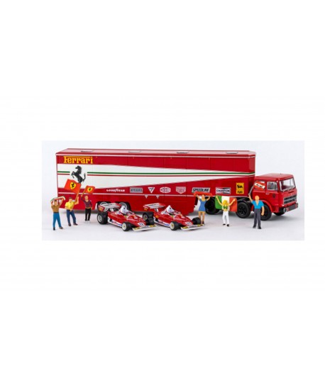 BREKINA 58575 - Fiat 691 T Renntransport-SZ Set, Ferrari, con 2 Ferrari 312 T2 F1 e 6 figurine (1977) - 1:87