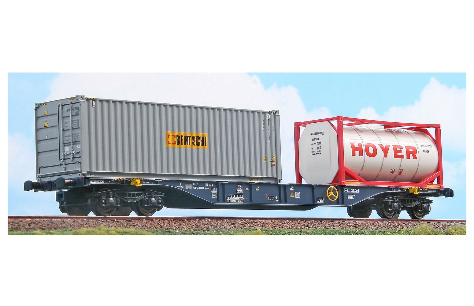 ACME H0 40405 Carro intermodale Sgnss CEMAT da 60" con bulk “Bertschi” e tank container “HOYER”. Ep. V-VI