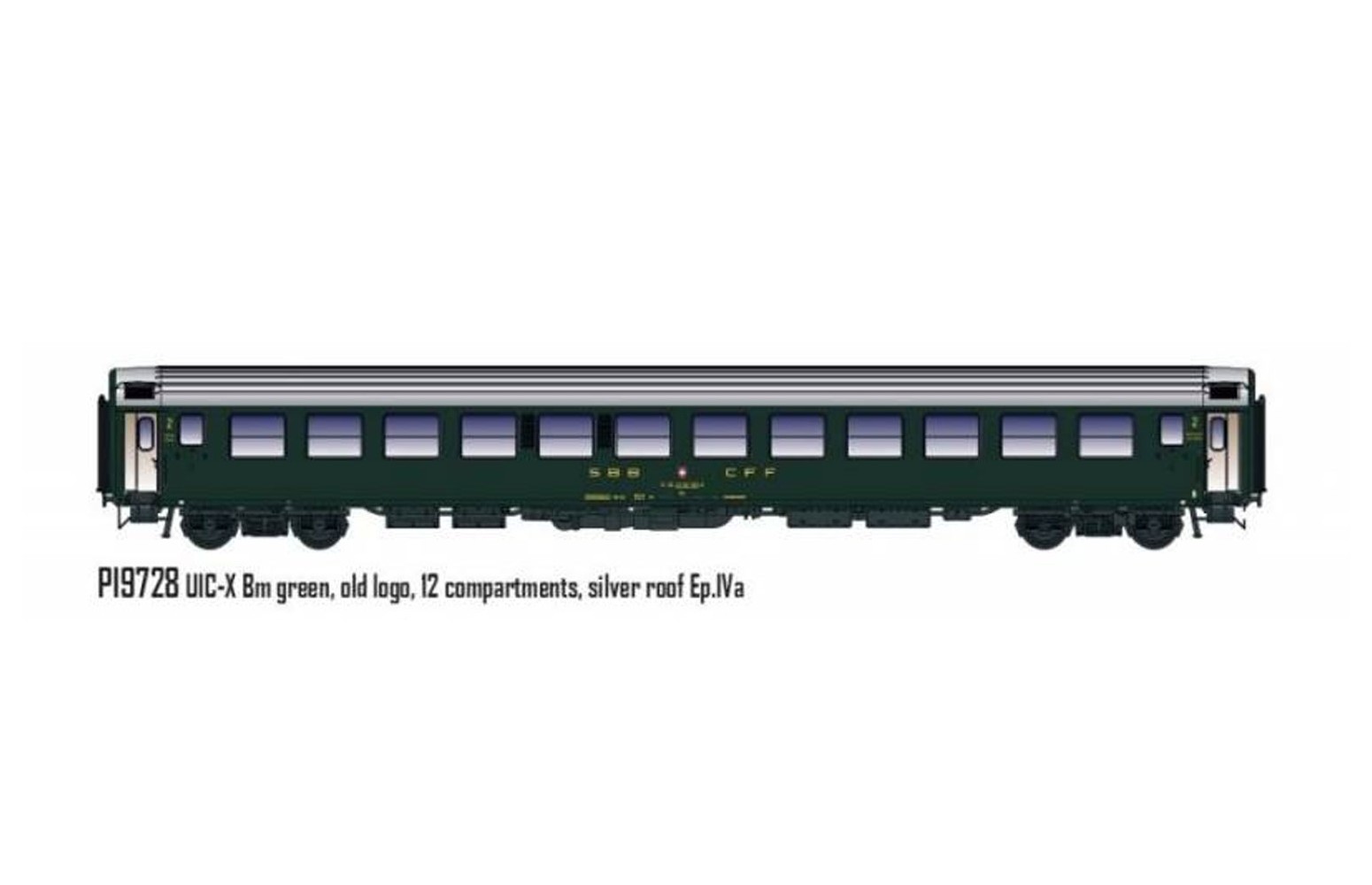 PIRATA H0 PI9728 - Carrozza UIC-X RIC Bm 2a cl, verde, Tetto Argento, SBB Ep.IVa