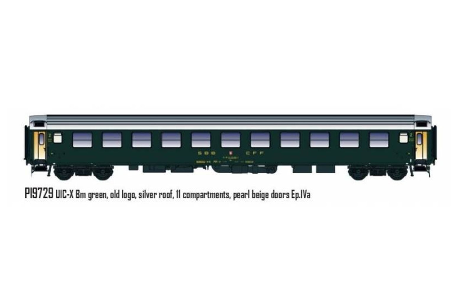 PIRATA H0 PI9729 - Carrozza UIC-X RIC Bm 2a cl, verde, Tetto Argento, SBB Ep.IVa