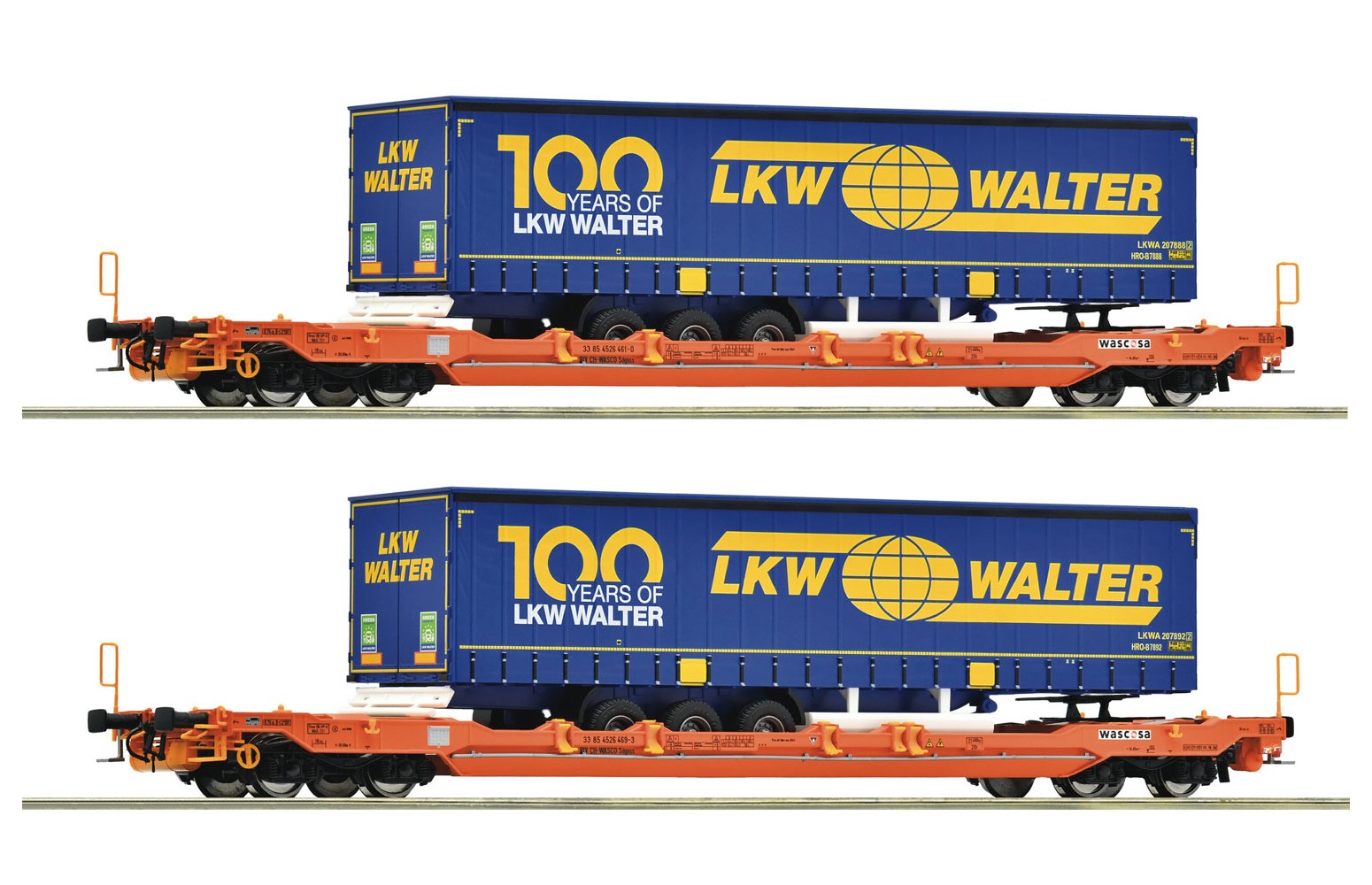 ROCO H0 6600064 - Set da 2 pz. Carro a tasca T5, Wascosa con carico LKW WALTER - Ep VI