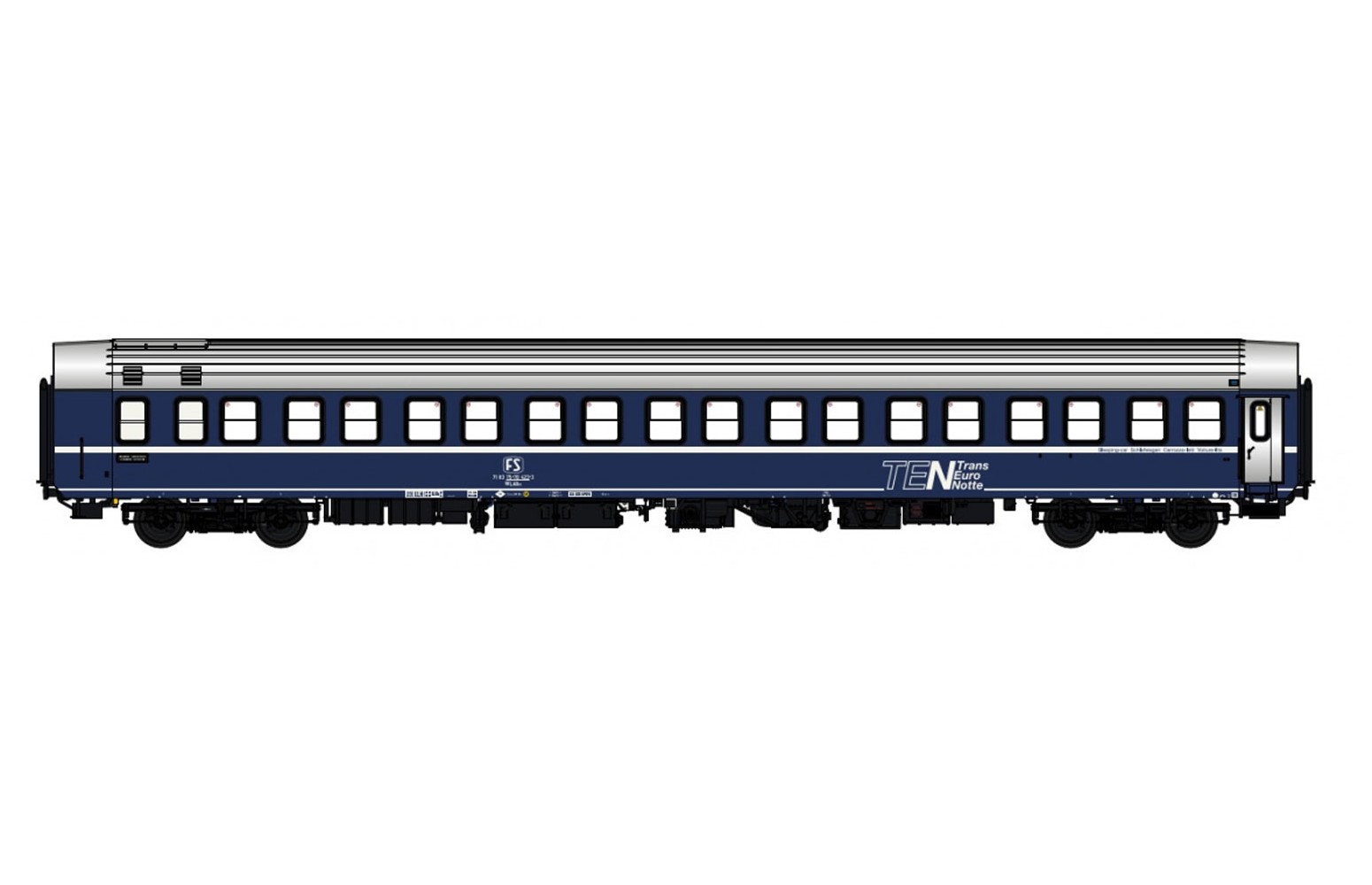 PIRATA H0 PI9750 Carrozza letti Tipo T2s livrea "TEN" logo TV, tetto argento e carrelli Tipo MD, FS ep. IV