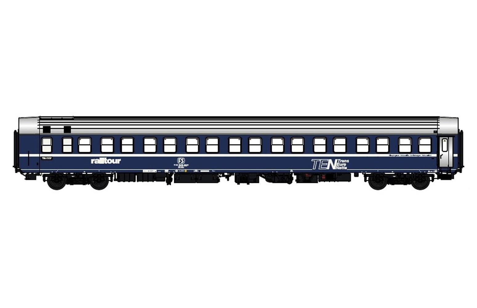 PIRATA H0 PI9760 T2s livrea "TEN" logo TV, tetto argento e carrelli Tipo MD, RAILTOUR, FS ep. IV