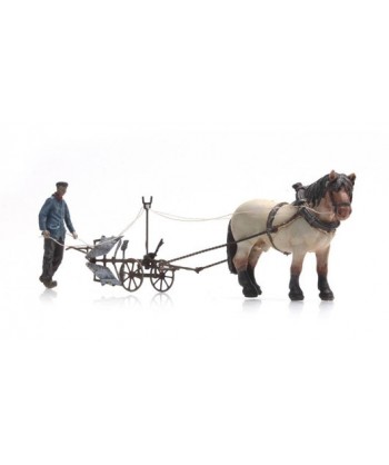 ARTITEC H0 387.392 – Cavallo con aratro e contadino, resina 1:87
